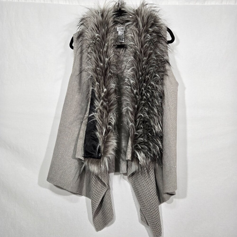 Vintage GRAY Metallic Faux Fur Collar Asymmetrical Hem Open Knit Cardigan Size M - Picture 5 of 17
